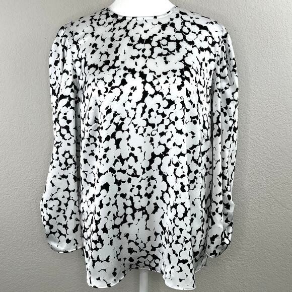 DKNY Black White Printed Ruched Sleeve Crewneck Relaxed Fit Blouse Top Small NWT - Picture 12 of 13